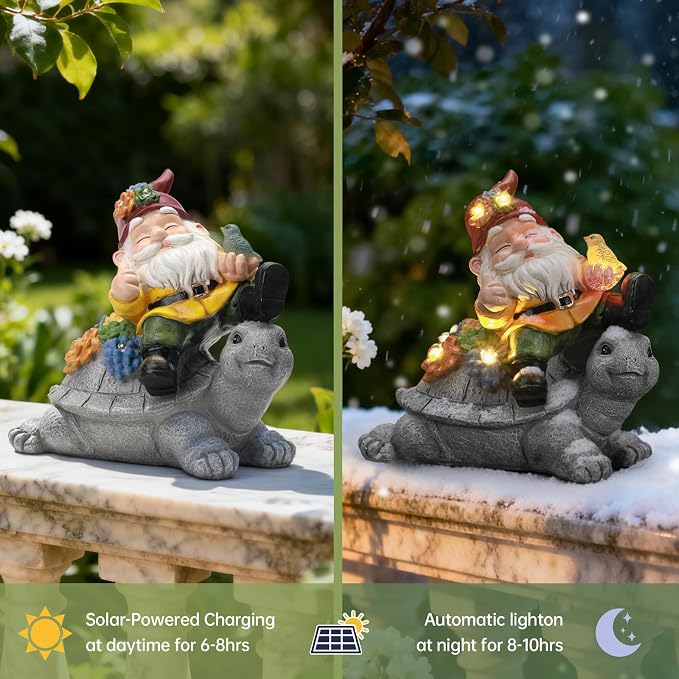 Solar Gnome Statue Outdoor Decor,Gnome on Turtle Figurines with LED Light for for Garden Yard Balcony Lawn Christmas Housewarming for Women Mom Grandma