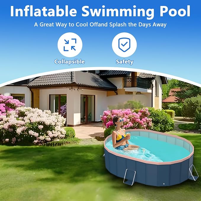 Foldable Pool, Hard Plastic Collapsible Pool, Large Non Inflatable Rectangle Pool Above Ground, Backyard Pool for Adults, Oversized Thickened, Easy Assembly (Round Corner 67 Inch)