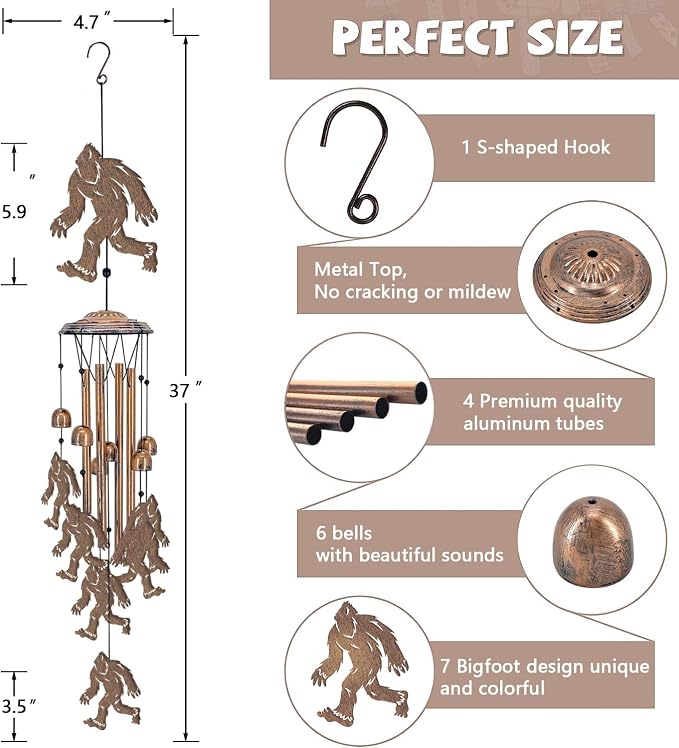 Bigfoot Wind Chimes Outdoor Sasquatch Decor, Deep Tone Soothing Melodic Tones Windchime, Memorial Wind Chimes for Outside with Big Foots Wind Catcher, Best Gifts for Men/Women Porch Garden Decoration