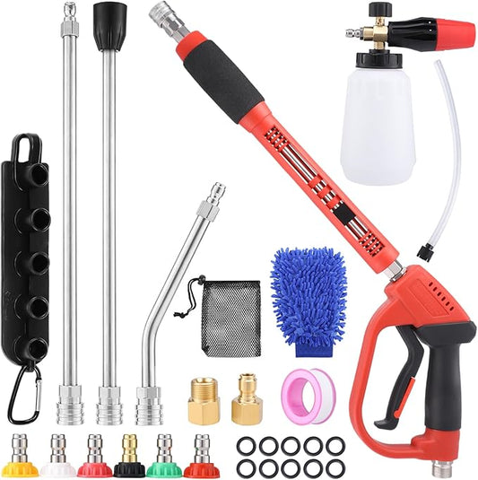 18Pcs Pressure Washer Accessories, Car Wash Foam Cannon, 5000PSI Pressure Washer Gun, M22 14mm or 15mm Fitting, 1/4" Quick Connector, 6Pcs Nozzle Tips for Outdoor Gutters Roof Siding