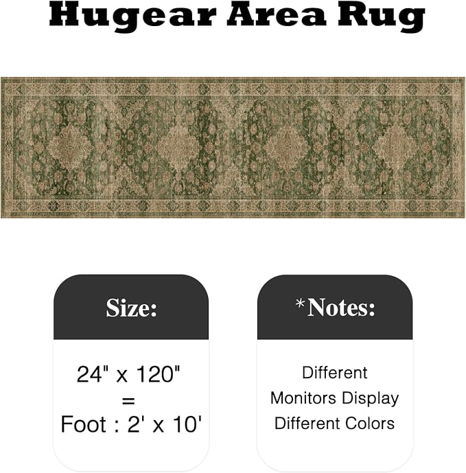 HUGEAR 2x10 Runner Rug Hallway Machine Washable Retro Green Vintage Floral Low Pile Carpet Distressed Long Throw Rug Bedroom Office Bathroom Kitchen Laundry Non Slip Soft Lightweight