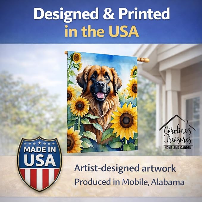 Caroline's Treasures DAC6115CHF Leonberger in Sunflowers House Flag Large Porch Sleeve Pole Decorative Outside Yard Banner Artwork Wall Hanging, Polyester, House Size, Multicolor