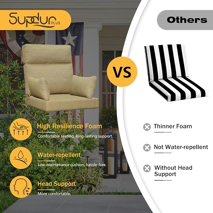 Outdoor High Back Chair Cushion, 2 Pack 48 x 24 inches Patio Chair Cushions Water Repellent Rocking Cushions Indoor Furniture Seat Pad with 2 Pillows, Warm Taupe
