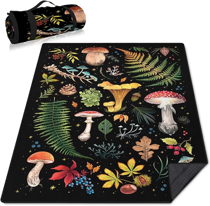 Mushroom Picnic Blankets Waterproof Foldable, 60″X80″Thick Three Layer Picnic Mat Outdoor Blanket for Grass,Cute Beach Blanket Sandproof Picnic Accessories for Camping Party Park Hiking