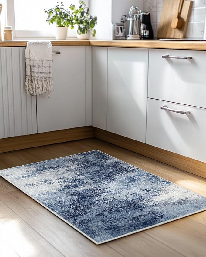 Washable Entry Rug, 2x3 Modern Abstract Rug with Low Pile and Non-Slip Backing, Small Rug with Abstract Pattern for Entryway, Kitchen and Living Room, Dark Blue