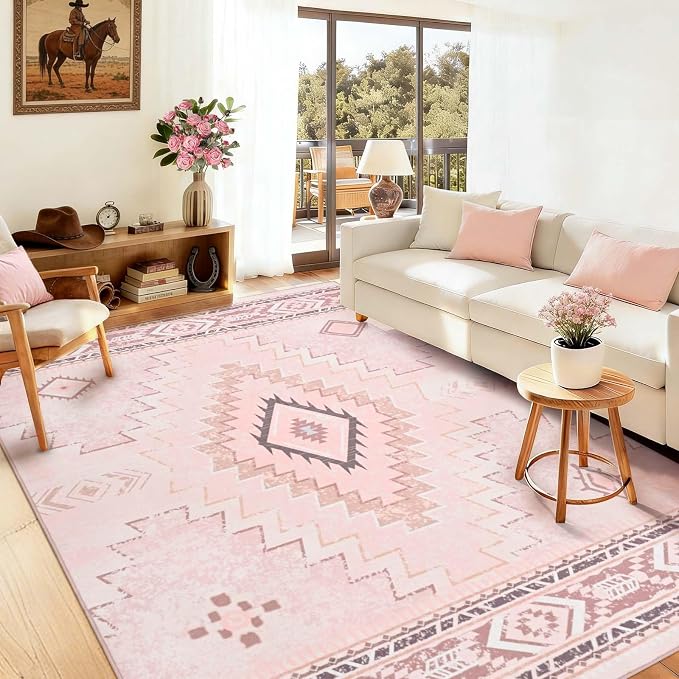 Yinhua Pink Rug for Bedroom, Western 5x7 Rugs for Living Room | Moroccan Washable Area Rug Low-Pile, Soft Aztec Rugs Non-Slip, Non-Shedding Carpet for Dining Table Office Nursery