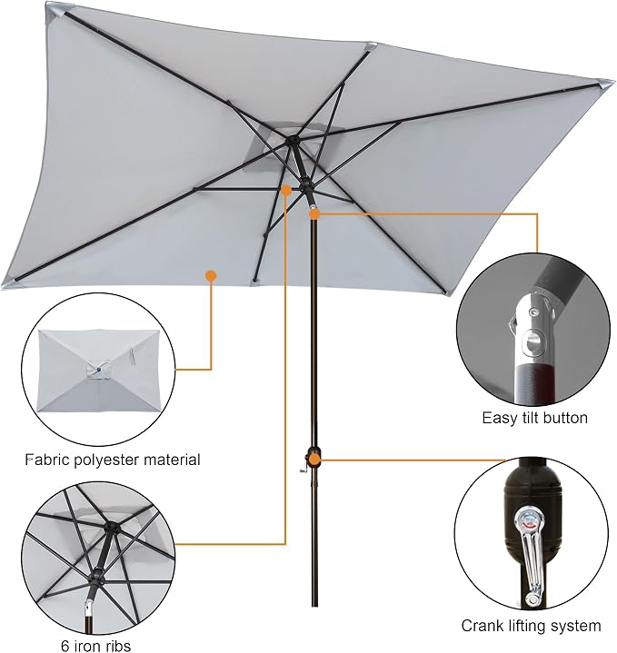 Blissun Rectangular Patio Umbrella, Table Market Umbrella with Tilt and Crank, Outdoor Umbrella for Garden, Deck, Backyard, Pool and Beach