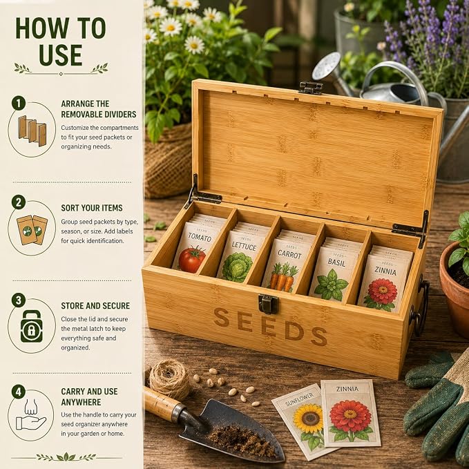 Bamboo Garden Seed Storage Organizer Box, Wooden Seed Box with Removable Dividers, Metal Handle and Latch, Seed Keeper Organizer for Garden Seed Packets and Storage (10.59 x 7 x 5.12 in)