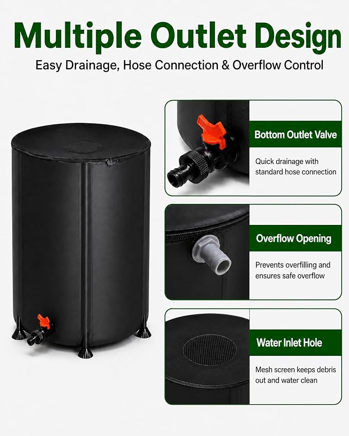 50 Gallon Collapsible Rain Barrel, Rain Water Collection Barrel System Kit, Collapsible Water Tank with Spigot and Overflow Kit, Portable Rain Water Catcher for Garden, Black