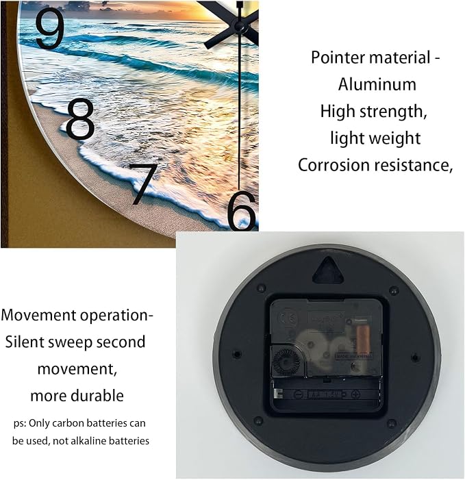 Blue Beach Wall Clock for Kitchen 14 Inch | Round Coastal Clocks for Walls Analog Glass Wall Clock Non Ticking