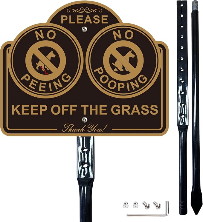 Amexiu No Dog Peeing and Pooping Sign with 36-Inch Stakes, Keep Off Grass Yard Sign, 9.5 x 7.5 Inches, Aluminum,1Pack