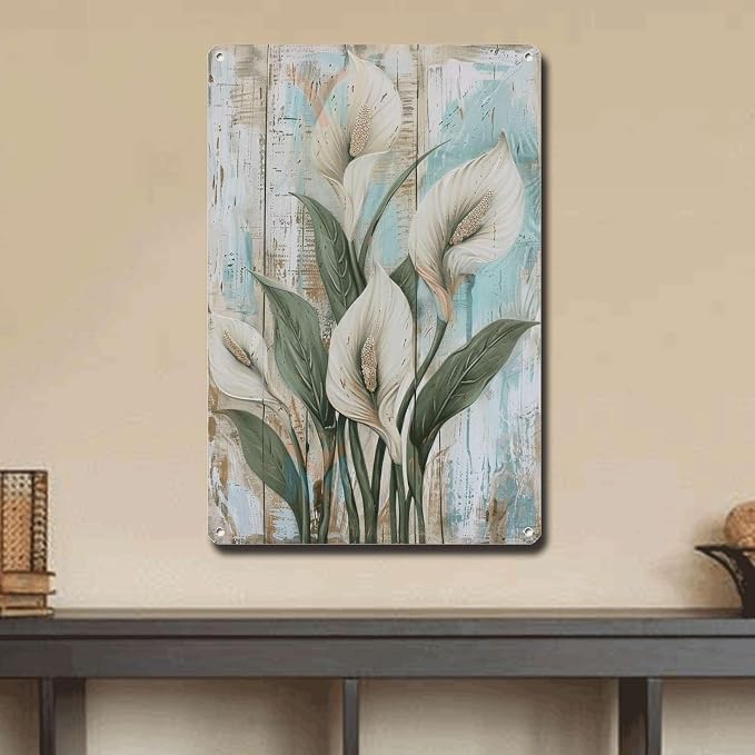 Metal Sign Tin Sign Vintage Wall Art Shabby Chic Peace Lilies Tin Sign for Rustic Garden Art White Flower Lovers and Weather Resistant Boho Decorations for Home for Club 12×16 Inches