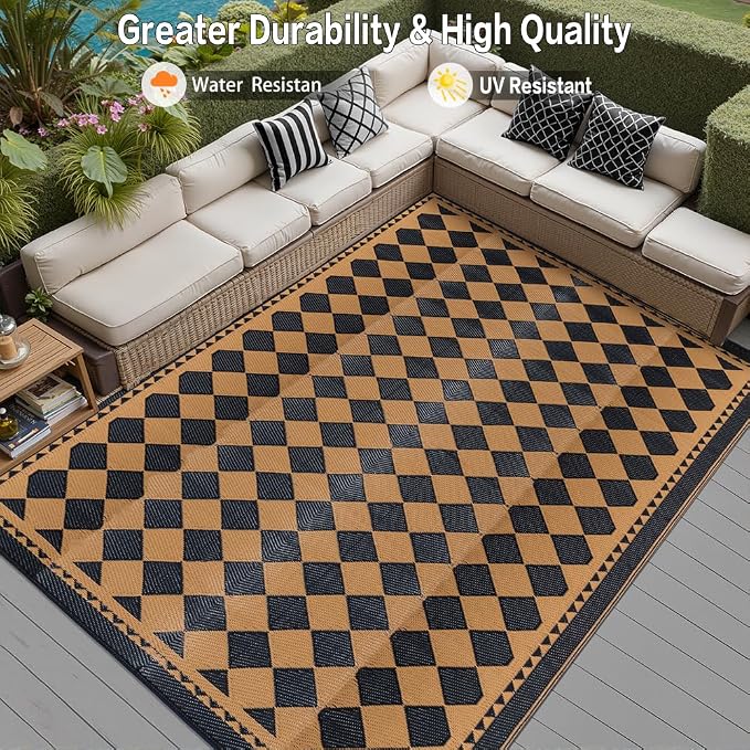 HUGEAR Outdoor Waterproof Rug 6'x9' Plastic Straw Rugs Washable Reversible Floor Mat Brown Plaid Carpet for Camping RV Deck Entryance Porch Picnic Balcony Beach Backyard