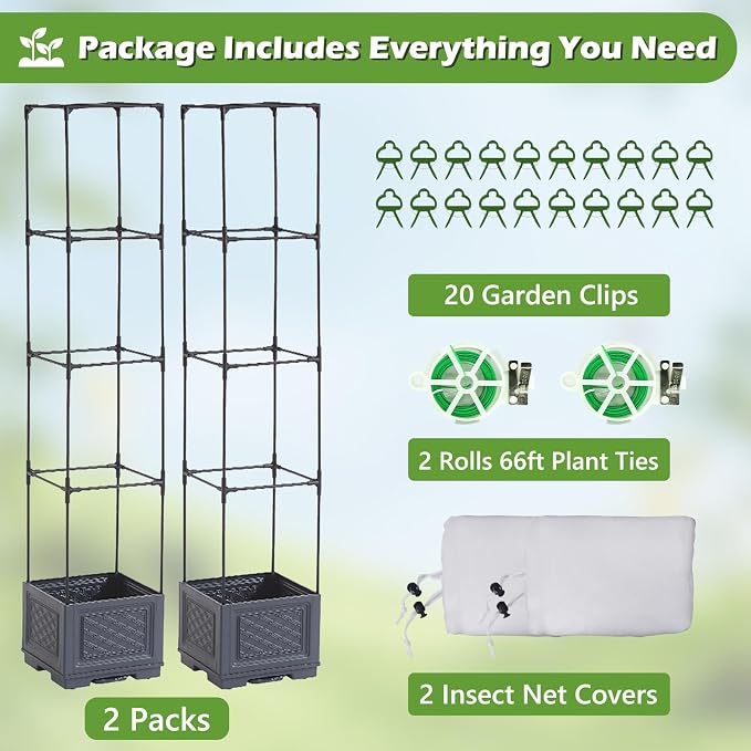 55 Inch Raised Garden Bed with Trellis, Self-Watering Tomato Planter Box with Hidden Rolling Wheels, Vertical Plant Support Cage for Climbing Vegetables Tomatoes Vines Flowers Indoor Outdoor 2 Pack