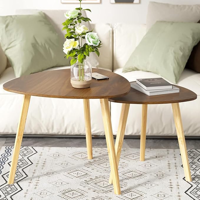 BAMEOS Bamboo Nesting Triangle End Table,Set of 2 Side Table Modern Minimalist Coffee Table for Living Room (Walunt)