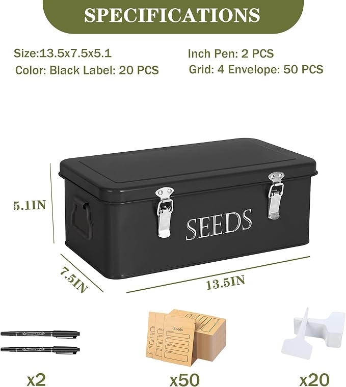Ecopark Seed Storage Box, Professional All-in-one Kit with 2 Pens, 20 Plant Labels and 50 Seed Envelopes, Metal Storage Organizer, Saving Box, Seed Packet Container, Large, Black