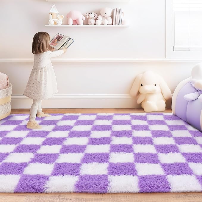 Checkered Rugs for Bedroom, Ultra Fluffy Fuzzy Shag Area Rug for Living Room 5x7, Modern Plush Soft Upgrade Non-Slip Carpet for Kid Girls and Boys Room Dorm Nursery Home Decor, White and Purple