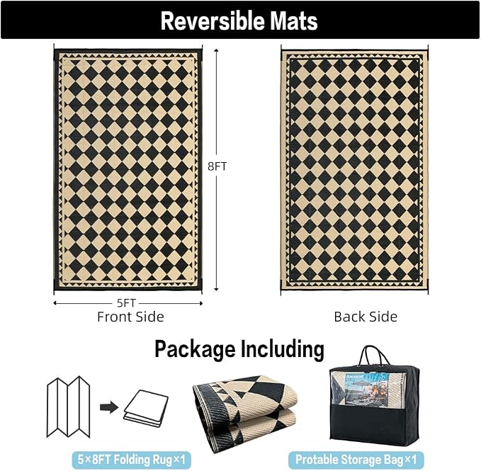 HUGEAR Outdoor Rug for Patios Clearance,Waterproof Mat,Large Outside Carpet,Reversible Plastic Straw Camping Rugs,Rv,Porch,Deck,Camper,Balcony,Backyard (5x8,Checkered/Black&Beige)
