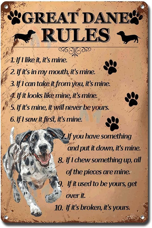 Metal Sign Tin Sign Vintage Wall Art Great Dane1 Rules Signs for Garden for Pub 6×8 Inches