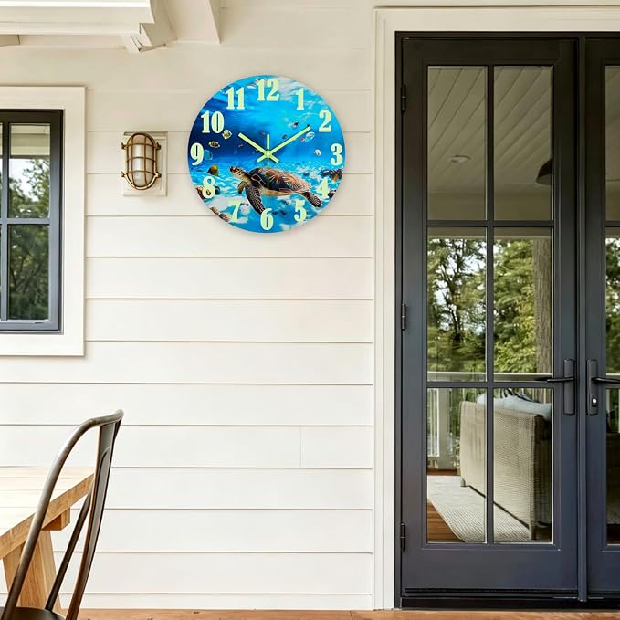 jomparis Outdoor Clocks Waterproof 12 Inch Coastal Sea Turtle Luminous Glass Wall Clock for Pool Patio Bathroom