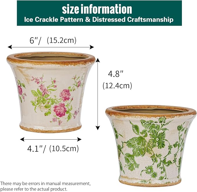 Sungmor Set of 2 Vintage Ceramic Flower Pots with Drainage Hole - Rustic Farmhouse Planters with Crackle Glaze & Floral Prints - Indoor Outdoor Decorative Plant Pots for Succulents, Herbs, Flowers