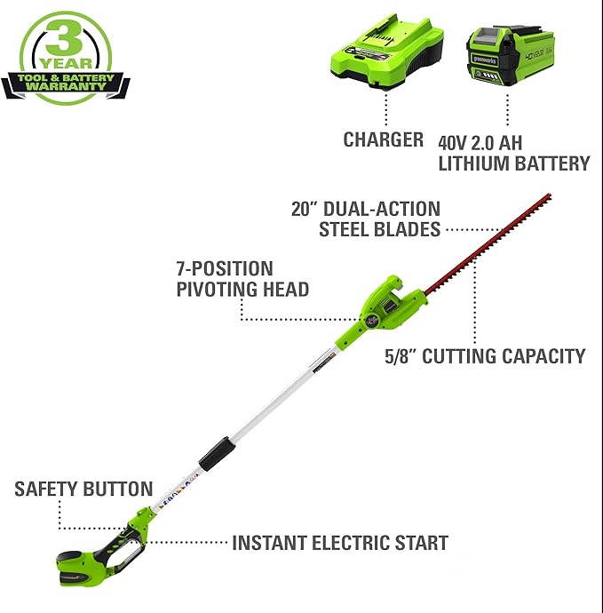 Greenworks 40V 20" Cordless Pole Hedge Trimmer and 40V 12" String Trimmer, (1) 2.0Ah Battery and Charger Included