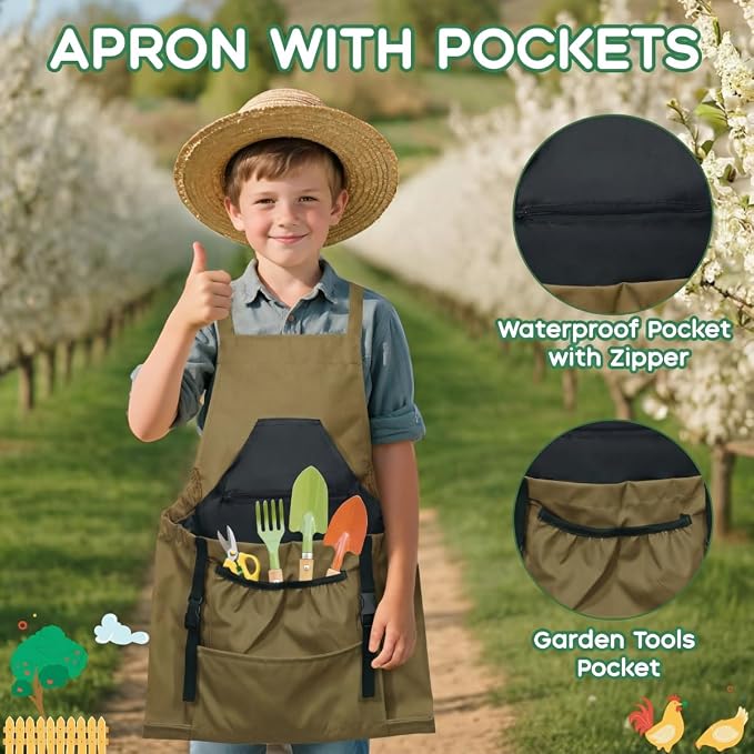 Kids Gardening Apron,Canvas Garden Apron with Pockets and Harvesting Pouch for 6-12 Grils and Boys