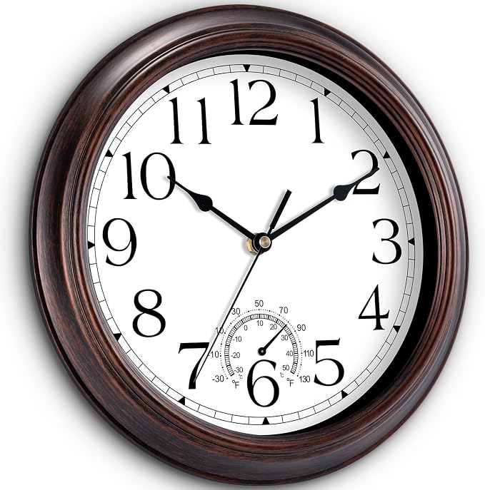 KECYET 14 Inch Outdoor Wall Clock with Thermometers, Vintage Silent Wall Clocks Battery Operated, Retro Non-Ticking Clock Decorative for Living Room, Patio, Kitchen, Office, Bathroom, Bedroom(Bronze)