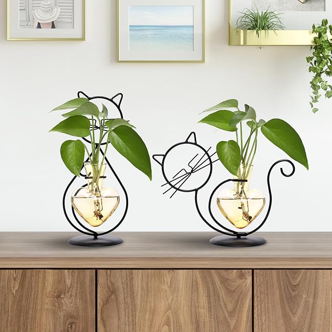 Plant Terrarium Plant Propagation Station Cat Lover Gifts for Women | Plant Lovers Home Office Decor Cat Desk Accessories