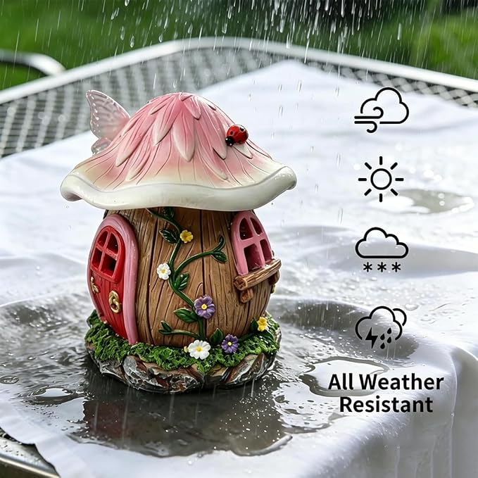 Mushroom Fairy Garden House Statue Outdoor Figurine with Solar Light,Garden Fairy House Decor,Fairy Cottage Ornaments,for Patio Yard Balcony Decoration,Gifts for Mom & Women