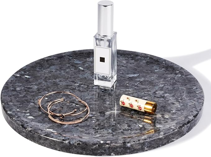 Karibiber Natural Marble Tray, 11.8in Serving Tray for Fruit, Round Decorative Vanity Stone Plate for Jewelry&Key, Quality Storage Dish for Kitchen Coffee Table and Bathroom Desktop, Blue Pearl