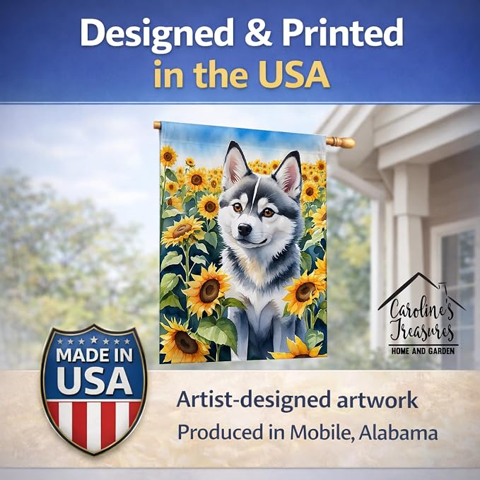 Caroline's Treasures DAC6004CHF Alaskan Klee Kai in Sunflowers House Flag Large Porch Sleeve Pole Decorative Outside Yard Banner Artwork Wall Hanging, Polyester, House Size, Multicolor