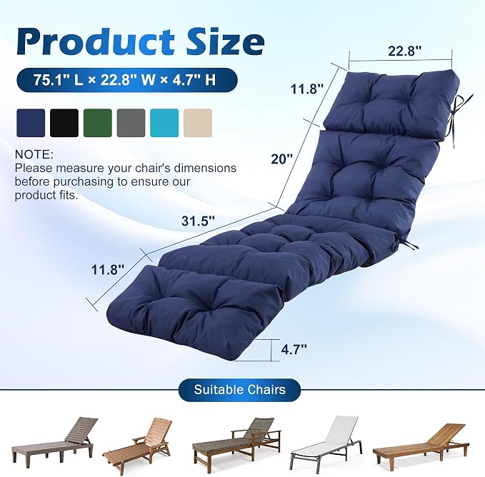 2 Pcs Chaise Lounge Cushions Outdoor,Waterproof & Fade Resistant Patio Lounge Chair Cushions for Outdoor Furniture, Chaise Cushion with Ties for Pool, Lawn and Beach, 75.1x22.8x4.7 Inch, Navy Blue