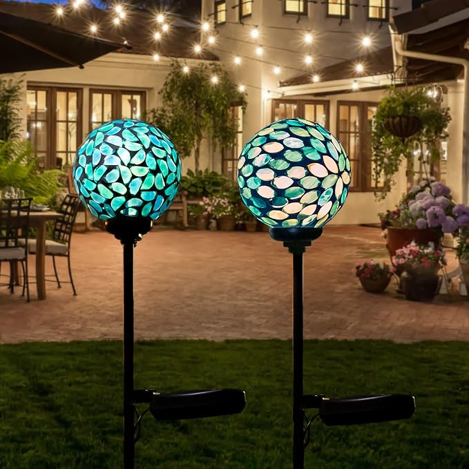 VCUTEKA Decorative Solar Garden Lights, 3.5" Mosaic Globe Stake 2 Pack | Mosaic Glass Design, Solar LED Light, Weather Resistant, Auto On/Off and Metal Stake Design for Lawn and Patio