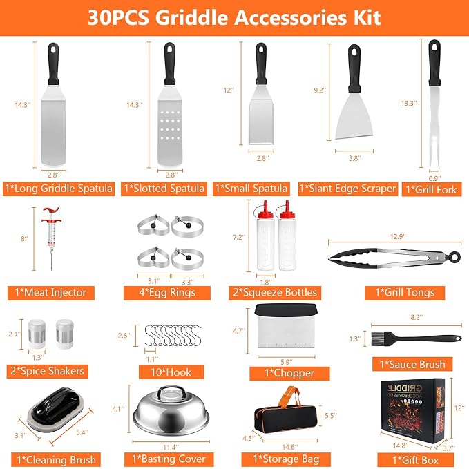 Blackstone Griddle Accessories, 30PCS Grilling Accessories for Outdoor Grill, Grill Accessories with Spatula, Basting Cover, Egg Rings for Outdoor BBQ, Camping, Teppanyak