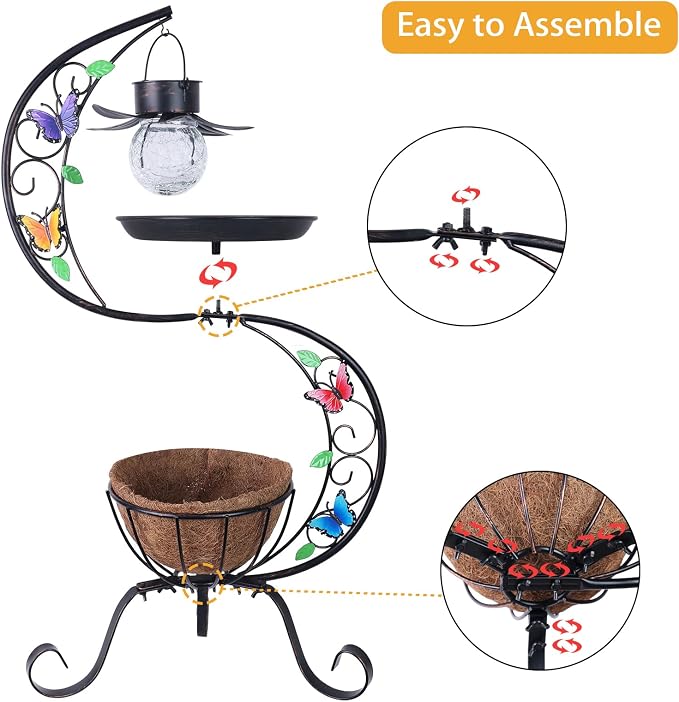 hogardeck Bird Bath for Outside with Solar Lamp, Metal Birdbaths for Outdoors with Flower Planter Pedestal, Vintage Birdbath for Garden Yard Patio Lawn Decor