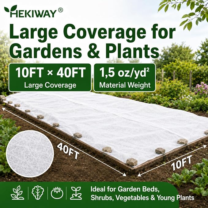 Frost Cloth Plant Freeze Protection, 10 FT x 40 FT 1.5 oz/yd² Garden Fabric Blanket, Plant Covers for Outdoor Plants, Floating Row Cover for Raised Beds and Vegetables