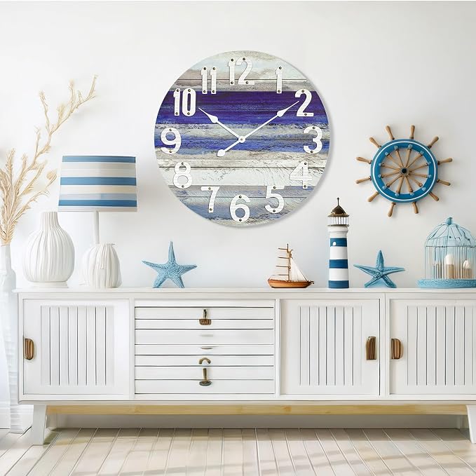24 Inch Large Beach Blue Wall Clock, Silent Non-Ticking Battery Operated Wall Clock, Rustic Vintage Beach Coastal Wall Decor, Farmhouse Wall Clocks for Living Room, Kitchen, Bedroom