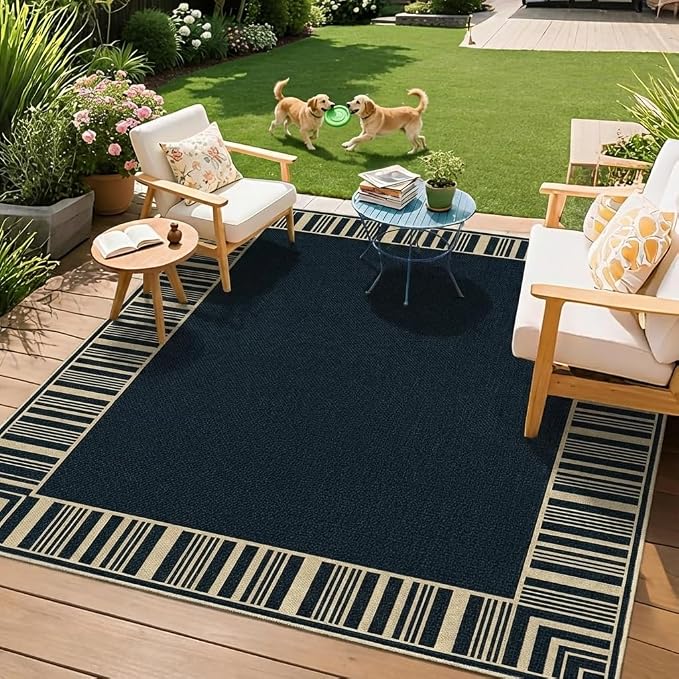 COZYLOOM Indoor Outdoor Rugs 8x10 Modern Easy Jute Washable Area Rug,Black | Non Slip Neutral Bordered Non Shedding Stain Resistant Foldable Rug for Living Room Dining Room Bedroom Patio Backyard