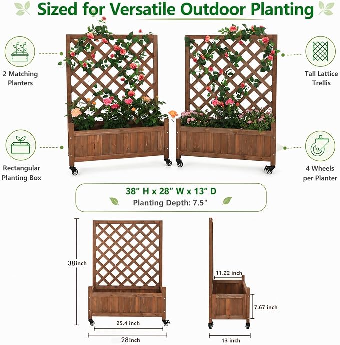2 Pack Trellis Raised Garden Bed with Wheels, 38" Tall Wooden Planter Box with Trellis, Lattice Privacy Screen with Drainage Holes for Patio Balcony Garden