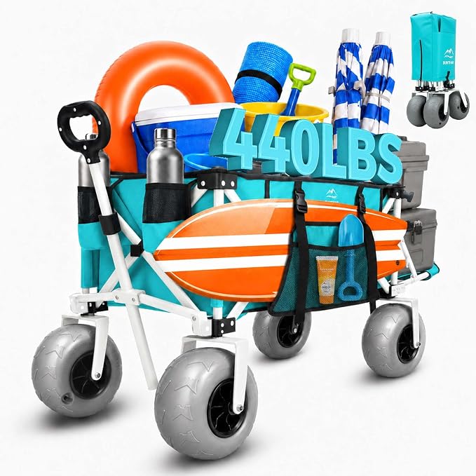 Heavy Duty Beach Wagon with 9" Big Sand-Proof Balloon Wheels, 200L Oversized Foldable Beach Cart, 440LBS Utility Wagon with Side Pocket for Sand,Camping,Vacation