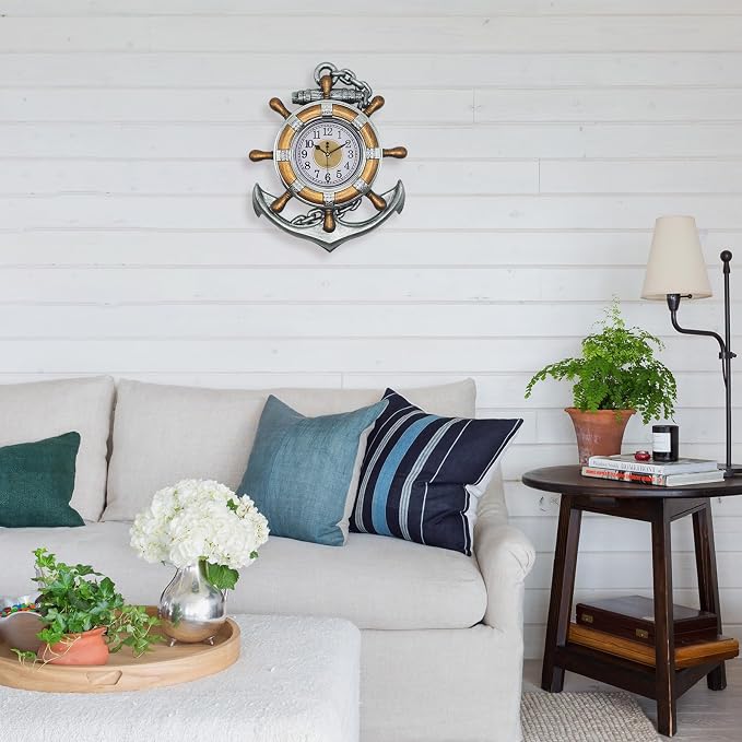 Anchor Clock- Nautical Ship Wheel Rudder Outdoor Wall Clock - Beach Sea Style Decorative Clock for Patio, Bathroom (Retro Silver+Bronze)
