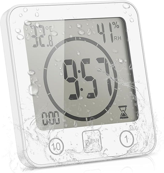 Digital Bathroom Shower Wall Clock Timer, LCD Digital Wall Clock with Suction Waterproof Temperature Humidity Gauge, Touch Screen Timer, Large Countdown Visual Timers Hanging Wall Clock (White)