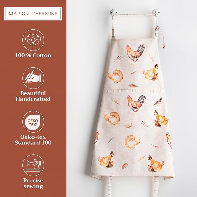 Maison d' Hermine Aprons for women with Pocket 100% Cotton (27.50"x31.50") | Adjustable Neck Strap & long ties Apron Men Chef Wedding Cooking Gardening Server Maid