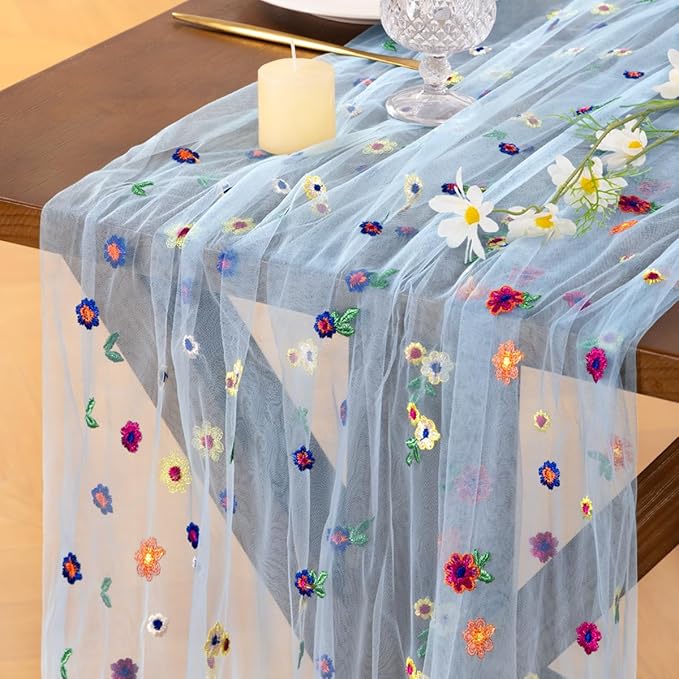Socomi Flower Table Runner Summer Daisy Floral Tulle Gauze Cheesecloth Embroidery Table Runners for Tea Party Garden Wedding Bridal Baby Shower Birthday Picnic Decor Blue 3pcs