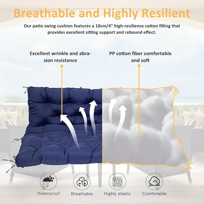 Swing Replacement Cushions for Outdoor: 2-3 Seater Waterproof Porch Bench Cushion with Backrest and Ties - 4" Thick Swing Cushion for Garden Patio Backyard Loveseat