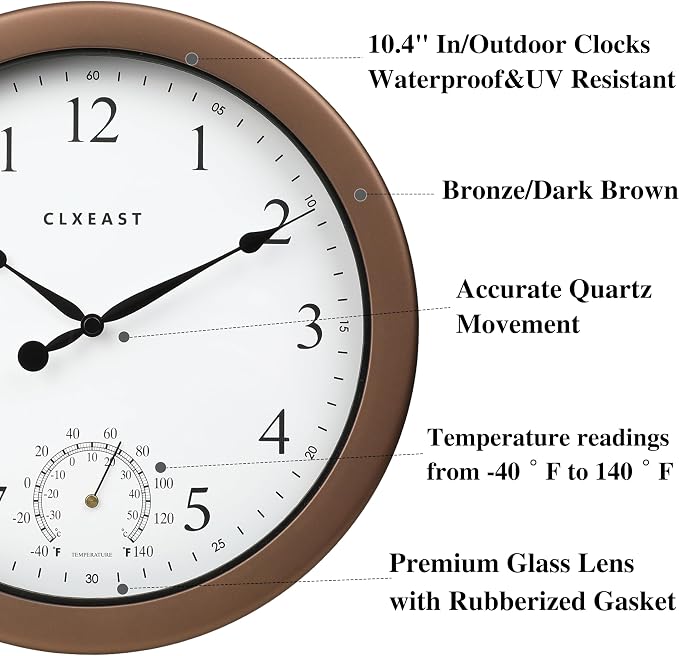CLXEAST 10.4 Inch Indoor Outdoor Clocks Waterproof,Outdoor Clock with Temperature for Bathroom,Kitchen, Patio,Pool,Bronze/Dark Brown Finish,House Warming Gifts New Home