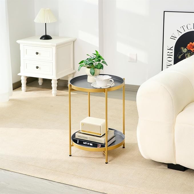 2-Tier Round End Side Table, Small Metal Side Table with Removable Tray, Folding Accent Tables for Living Room, Balcony, Nightstand for Bedroom, Outdoor Tables for Patio, Gold&Grey