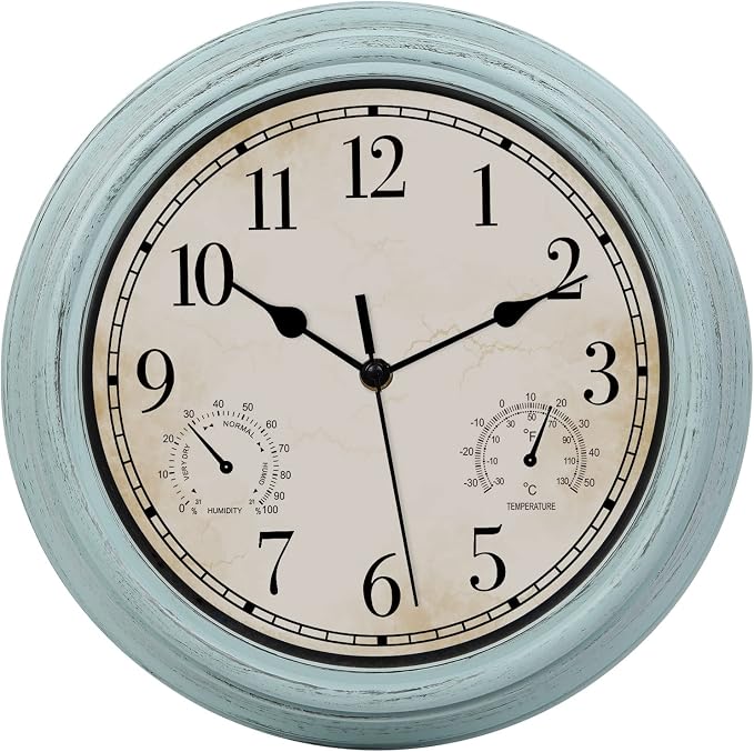 12 Inch Indoor Outdoor Retro Waterproof Wall Clock with Thermometer and Hygrometer, Battery Operated Quartz Round Wall Clock Silent Non Ticking Home Decor,Blue