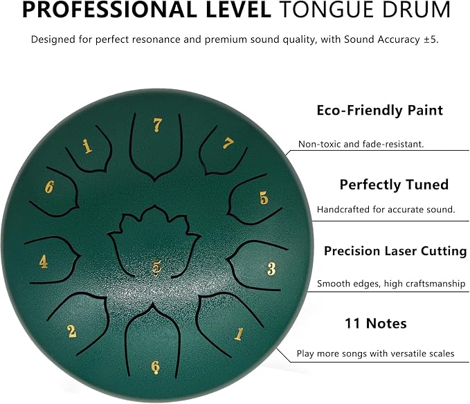 Rain Drum for Outside Garden, 8-Inch Steel Tongue Drum with 11 Notes, Percussion Instrument, Includes Packing Bag, Music Book, and Mallets, Ideal for Meditation, Yoga, and Relaxation